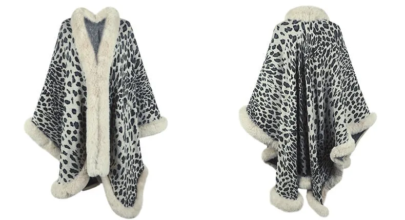 2022 Winter Thick Warm Poncho Fur Collar Cape Coat Women Vintage Leopard Sweater Cardigan Female Batwing Sleeve Shawl