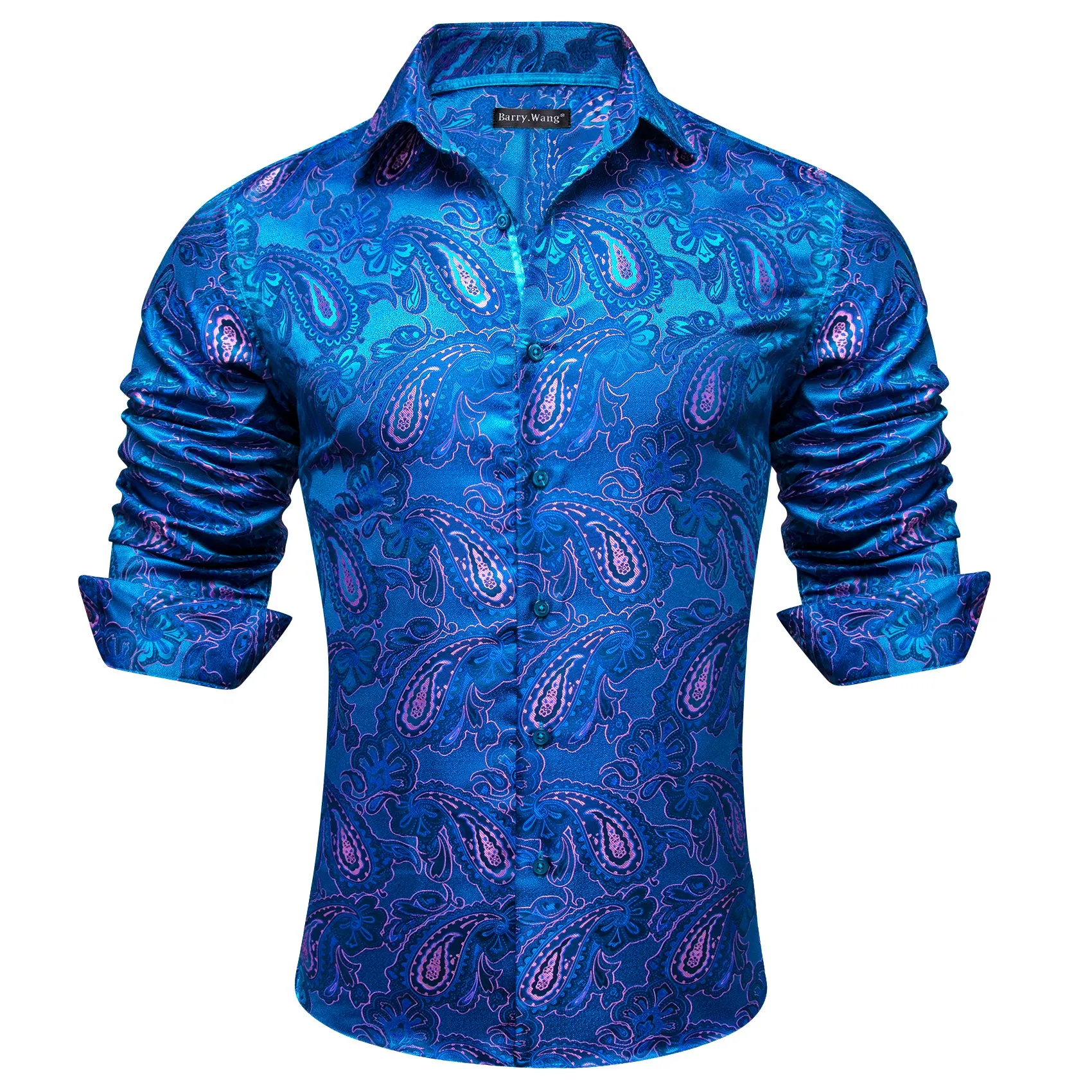 Barry Wang Dark Blue Shirt Pink Jacquard Paisley Silk Men's Shirt