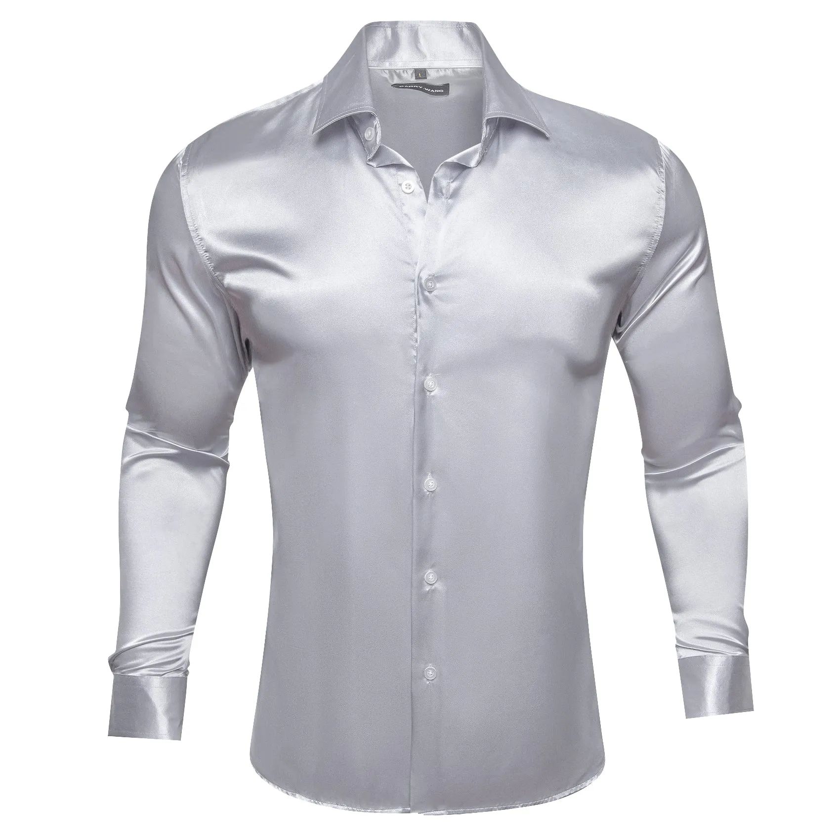 Barry.wang Button Down Shirt Silver Solid Silk Men's Long Sleeve Shirt