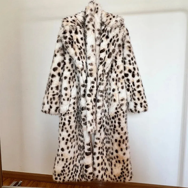 Belted Leopard Fluffy Fox Fur Long Jacket