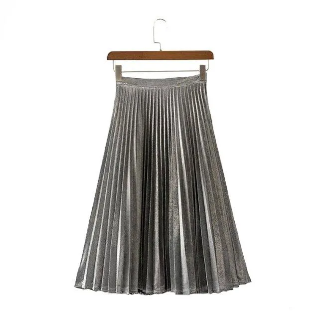 Elegant Summer Long Pleated Metallic Color Skirt