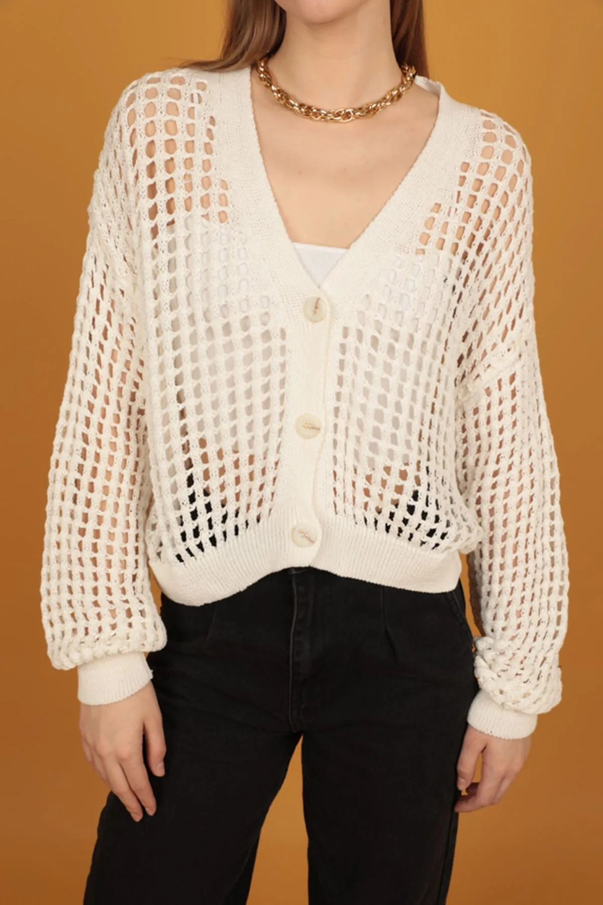 KKT Button Detail Women's Knitwear Cardigan-Ecru - Cleveland