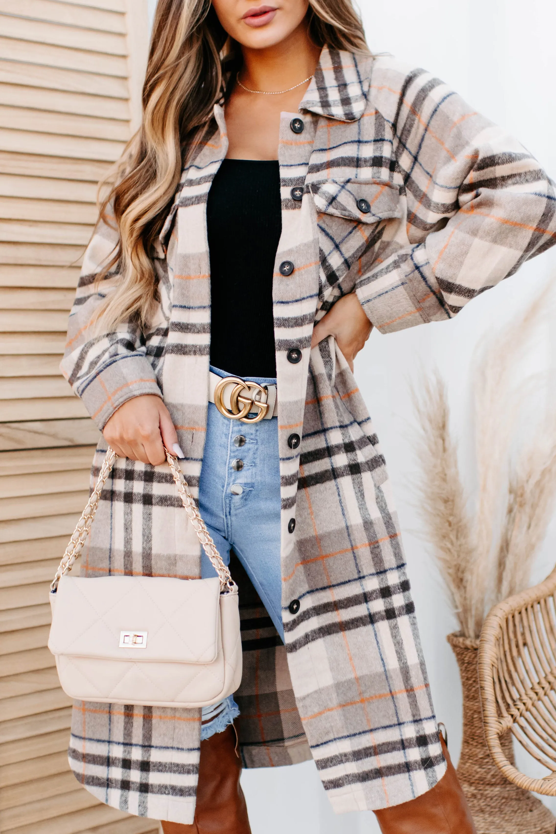 Room To Breathe Long Plaid Shacket (Brown)