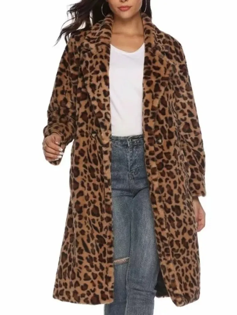 Womens Leopard Print Faux Fur Coat